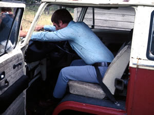 driver demonstrating unrestraint crash impact